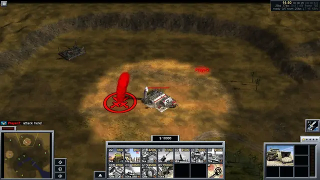 Bir binanın yanında kırmızı saldırı işareti ve Player2 adlı imleç, sohbette "attack here!" satırı