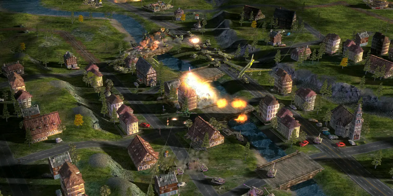 Bir Zero Hour Reforged maçı: nehir kasabasının köprüleri üzerinde çarpışan tanklar.