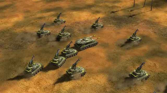 Çatlamış çöl zemininde daha büyük bir Overlord tankının iki yanından geçen Gattling tankları
